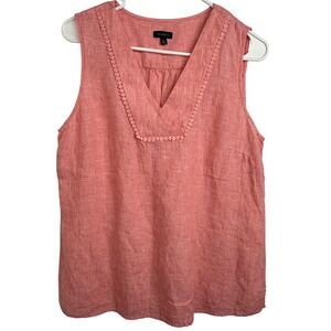 Talbots Linen Sleeveless Tank Top women's Medium Coral Pink Pom Pom Trim